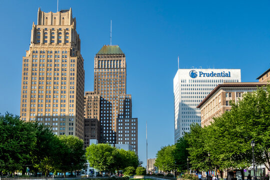 Newark, NJ - US - Jul 26, 2026 Downtown skyline in Newark, New Jersey, including prominent structures like the Prudential building, the Eleven80 building and the historic National Newark Building