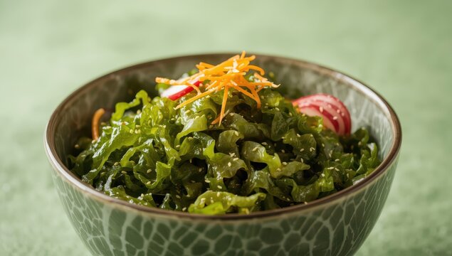 Closeup of a bowl filled with delicious seaweed salad on a green backdrop.