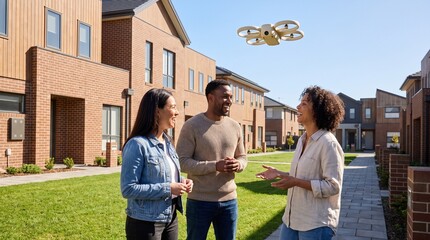 Fototapeta premium Close view of a delivery drone hovering above suburban rooftops