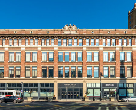 Newark, NJ - US - Jul 26, 2026 The historic Hahne and Co. building facade in Newark, featuring intricate brickwork, expansive windows, a prominent entrance, and street-level storefronts.
