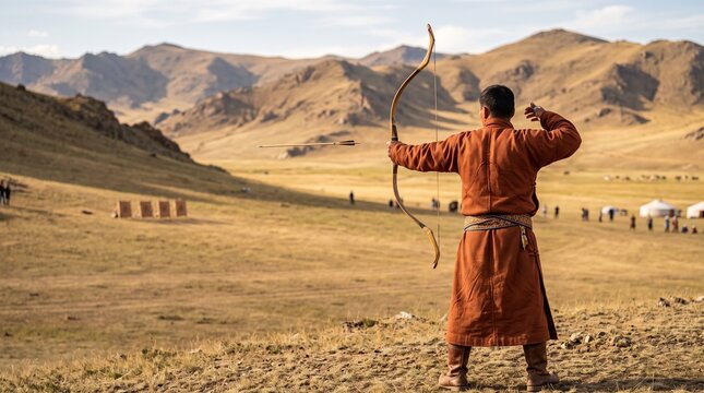 Naadam archer releases toward targets across a golden valley