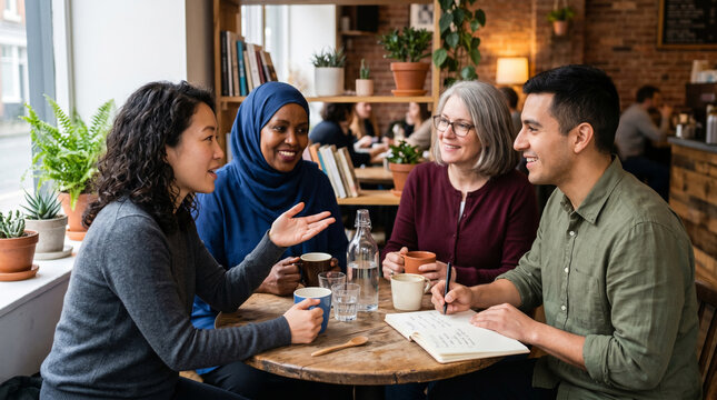 Adult Language Exchange Group Conversation In Warm Cafe Study Setting