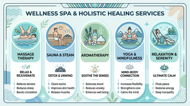 Wellness spa infographic outlines various holistic healing services including massage therapy, sauna sessions, aromatherapy, yoga, and meditation practices for complete relaxation.