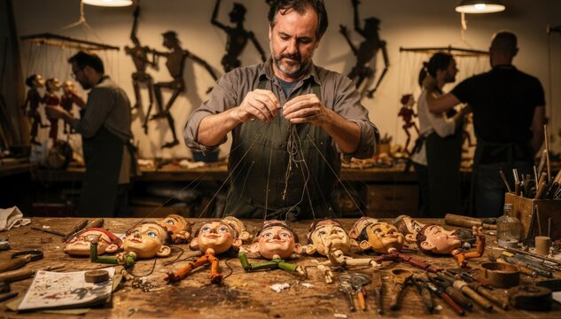 Medium shot of team prepping detailed marionette heads on worktable focused foreground puppeteer arranging strings other puppeteers and shadow puppets blurred in depth.