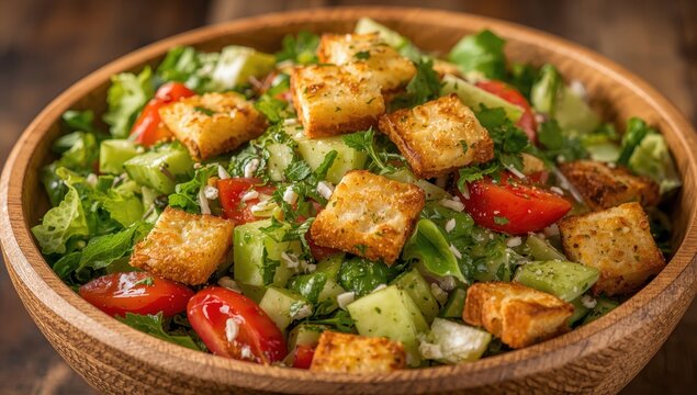 Close-up of fattoush salad with vegetables and pita in a wooden bowl.