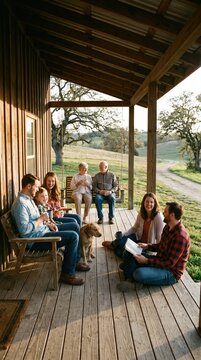 Multi generational family relaxes on a rustic wooden porch with a dog. Authentic countryside travel experience focusing on connection and peace. Ideal for lifestyle or travel promotion.