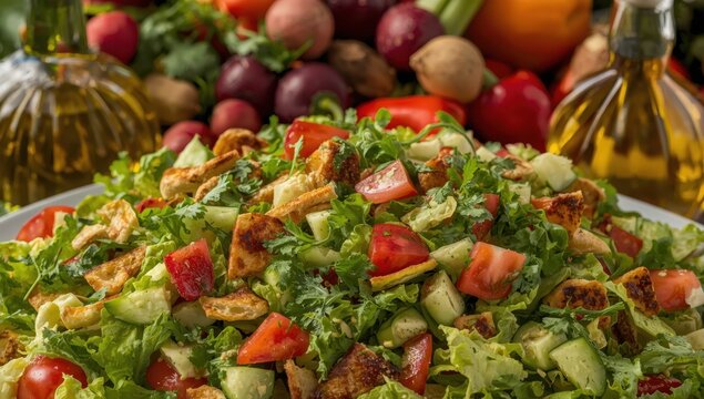 Close-up of fattoush with vegetables and olive oil in the background.