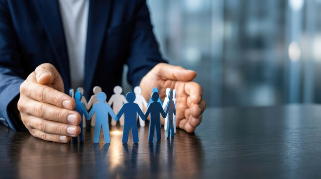 A businessman with his hands protectively hovering over a group of paper people. This represents security, teamwork, and corporate responsibility