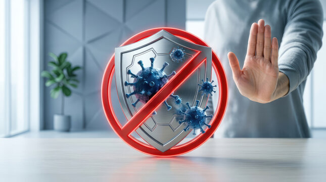 Shield protecting against virus, symbol of protection and medical safety. A hand is raised to stop the virus.