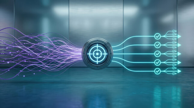 A glowing circular device with a target symbol, processing incoming energy streams and distributing them into multiple outgoing channels with checkmarks, representing data flow and processing