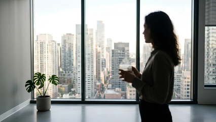 Fototapeta premium Office employee taking mental health wellness break looking out skyscraper window silhouette