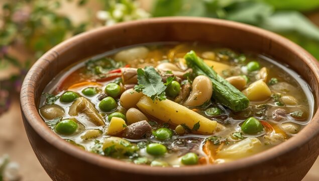 Close-up of spring minestrone featuring fava beans, seasonal vegetables, and herbs.