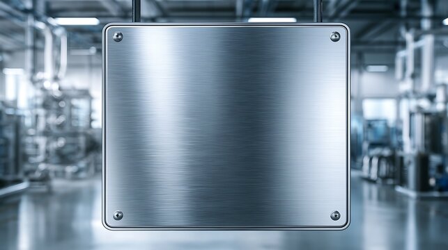 A brushed metal plate hangs in a blurred industrial factory setting. This sign is perfect for corporate announcements.