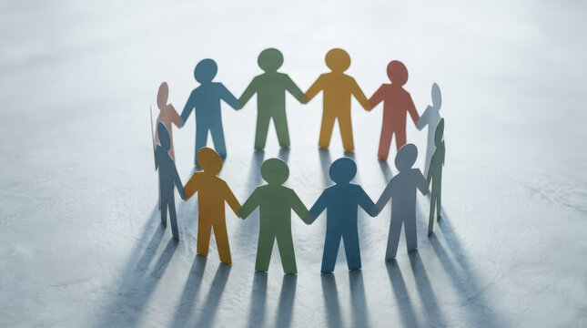 A diverse group of paper people holding hands in a circle, symbolizing unity and connection. The figures are in various colors, casting long shadows on a light-colored surface