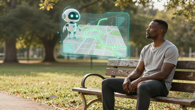Man sits park bench, robot floats nearby with holographic map display.