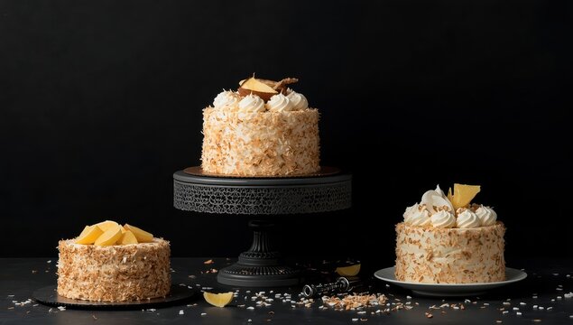 Coconut cake variations on a stand, dark background, text space. Dark theme.