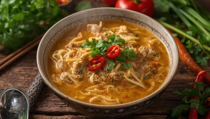Obraz premium Coconut chicken curry soup with Thai rice noodles.