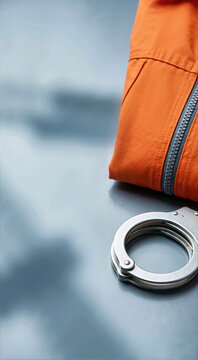 Vertical photo of an orange prisoner uniform sleeve and silver steel handcuffs on a reflective grey surface. Concept of arrest and detention