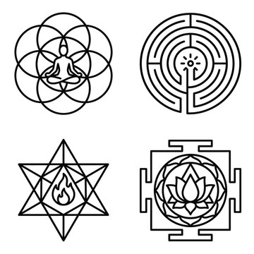 Geometric shapes and spiritual symbols.