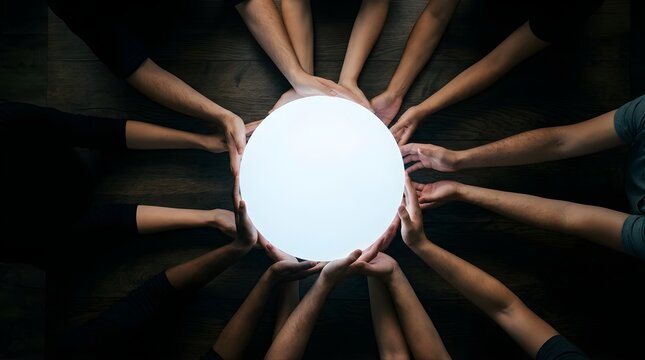Diverse people hands encircling a glowing sphere for team cooperation