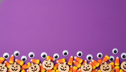 Fototapeta premium Halloween Candy Corn and Pumpkins on Purple Background