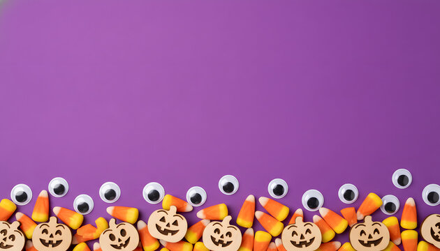 Halloween Candy Corn and Pumpkins on Purple Background