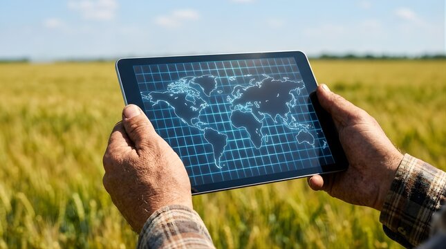 Farmer using digital tablet with world map in golden wheat field