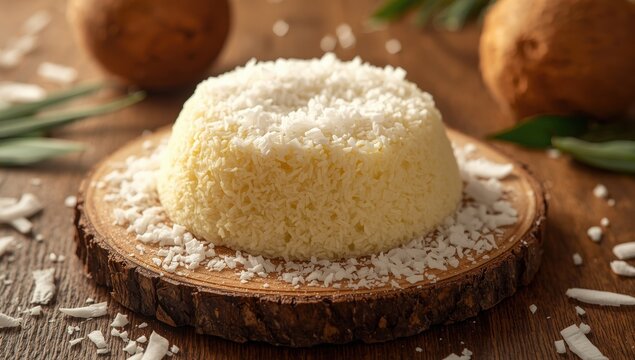 Coconut sweet tapioca pudding on a wooden board.