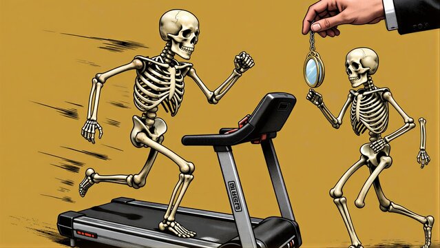 Skeletons run on treadmill; one holds medal offered by hand.