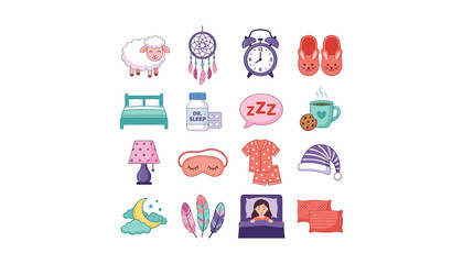 Fototapeta premium Cute sleep icon vector set with alarm clock dreamcatcher sheep pajamas mask bed and night elements for lifestyle design