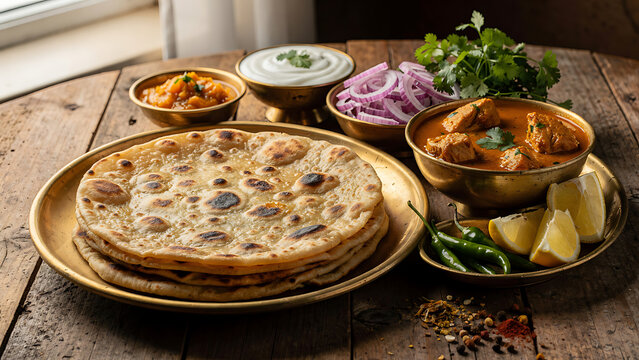 A stack of golden brown parathas on a brass plate served with chicken curry yogurt onions and lemon on a rustic wooden table.