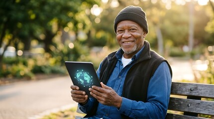 Fototapeta premium Mature man smiling using a digital tablet with global network icon outdoors