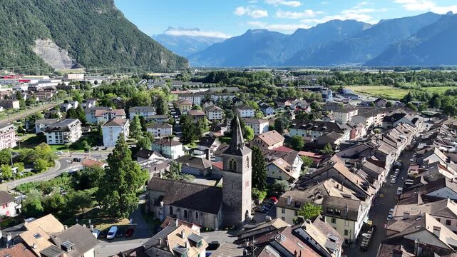 Aerial view of Villeneuve on Lake Geneva in Vaud, Switzerland