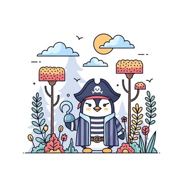 Cute Penguin Pirate Adventure Illustration.