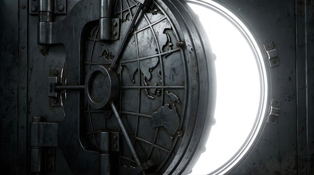 Open bank vault door with a world map design revealing bright light