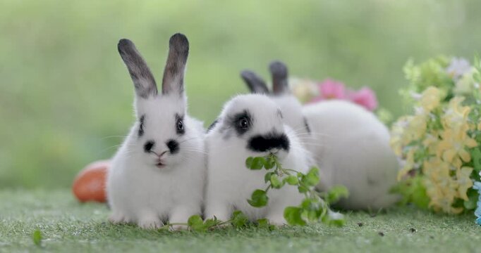 Baby bunny easter fluffy rabbit eating food, grass, on green garden nature flowers background on sunny day, Lovely mammal with bright eyes in nature life. Symbol of easter day.  Lovely bunny easter.