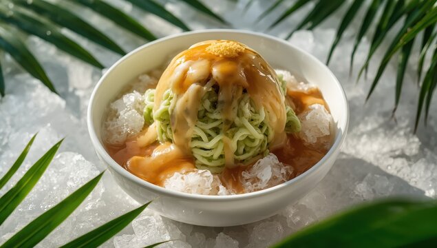 Colorful cendol treat with coconut milk and palm sugar.