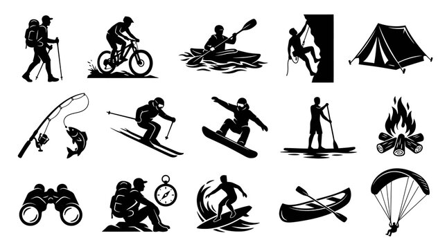Outdoor Adventure Sports Icons: Hiking, Cycling, Kayaking, Climbing, Camping, Fishing, Skiing, Snowboarding, Paddleboarding, Bonfire, Binoculars, Compass, Surfing, Canoeing, Parachuting