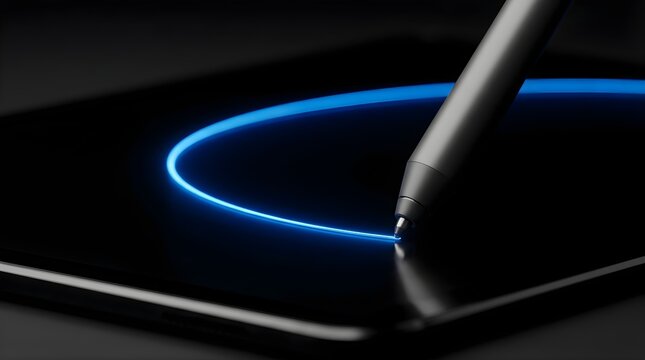 Stylus pen drawing a glowing neon blue arc on a dark digital tablet screen
