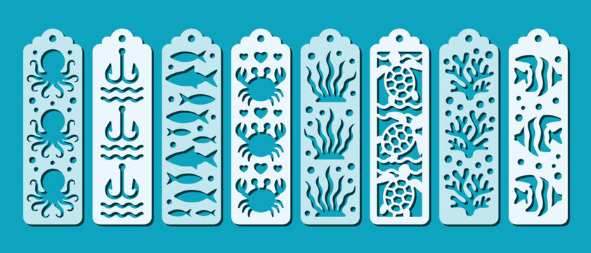 Decorative bookmarks with ocean patterns. Laser cut template with beach and sea elements. Bookmark stencil for paper, wood and metal cutting. Underwater vector design