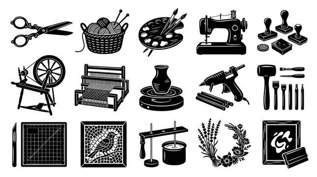 Handicraft Tools  Art Supplies Black and White Glyph Icon Set for Hobby DIY