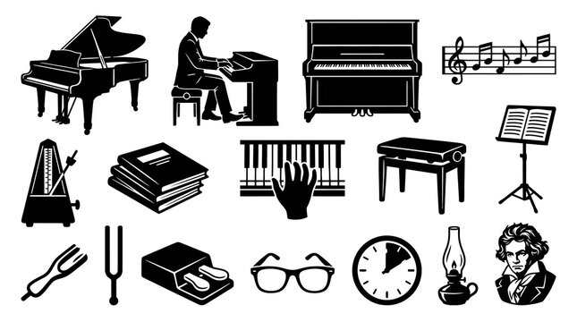 Music  Piano Industry Icons Set. Black and White Glyph Silhouettes of Instruments, Tools  Composer.