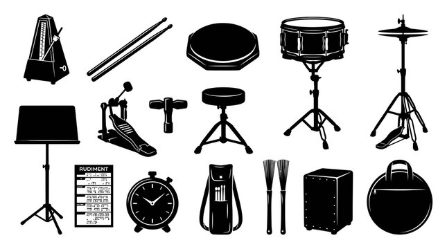 Black  White Glyph Icons of Drumming Equipment and Music Accessories for Microstock