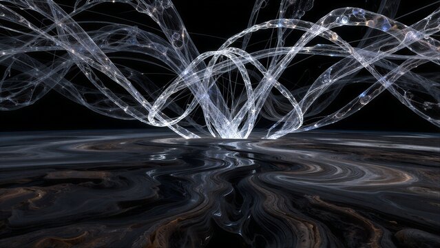 Abstract light structures float above swirling, dark terrain against a black void.