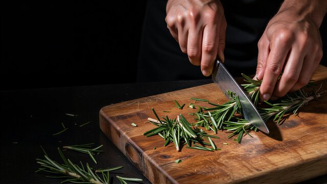 Hands chop fresh rosemary on a wooden cutting board with dark background.