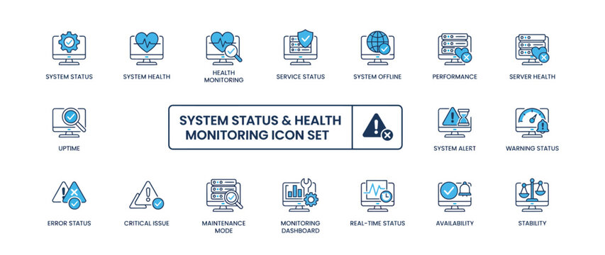 Professional system status and health monitoring icon set for digital IT infrastructure analysis.