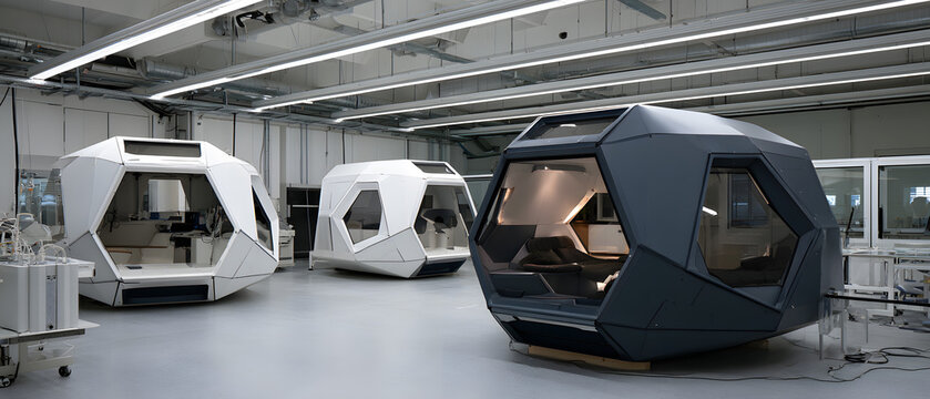 Futuristic modular home prototypes in a lab setting