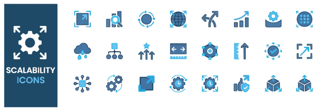 Comprehensive set of scalability icons for business strategy, technical growth, and data analysis
