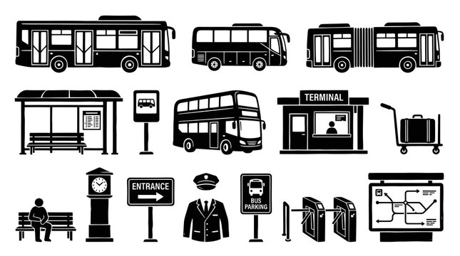 Black  White Bus Station Icons: Buses, Terminal, Bus Stop, Clock, Suit