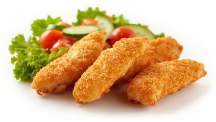 Fototapeta premium Battered chicken fillets with salad on a light backdrop, quick homemade meal. Chicken schnitzels. Raw breaded chicken. Quick preparation.